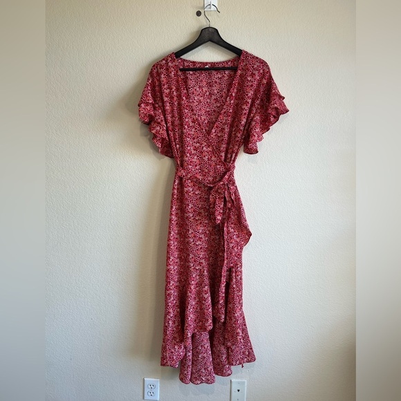 Max Studio Ruffle Crepe High‎ Low Wrap Floral Short Sleeve Midi summer Dress L - Picture 1 of 5